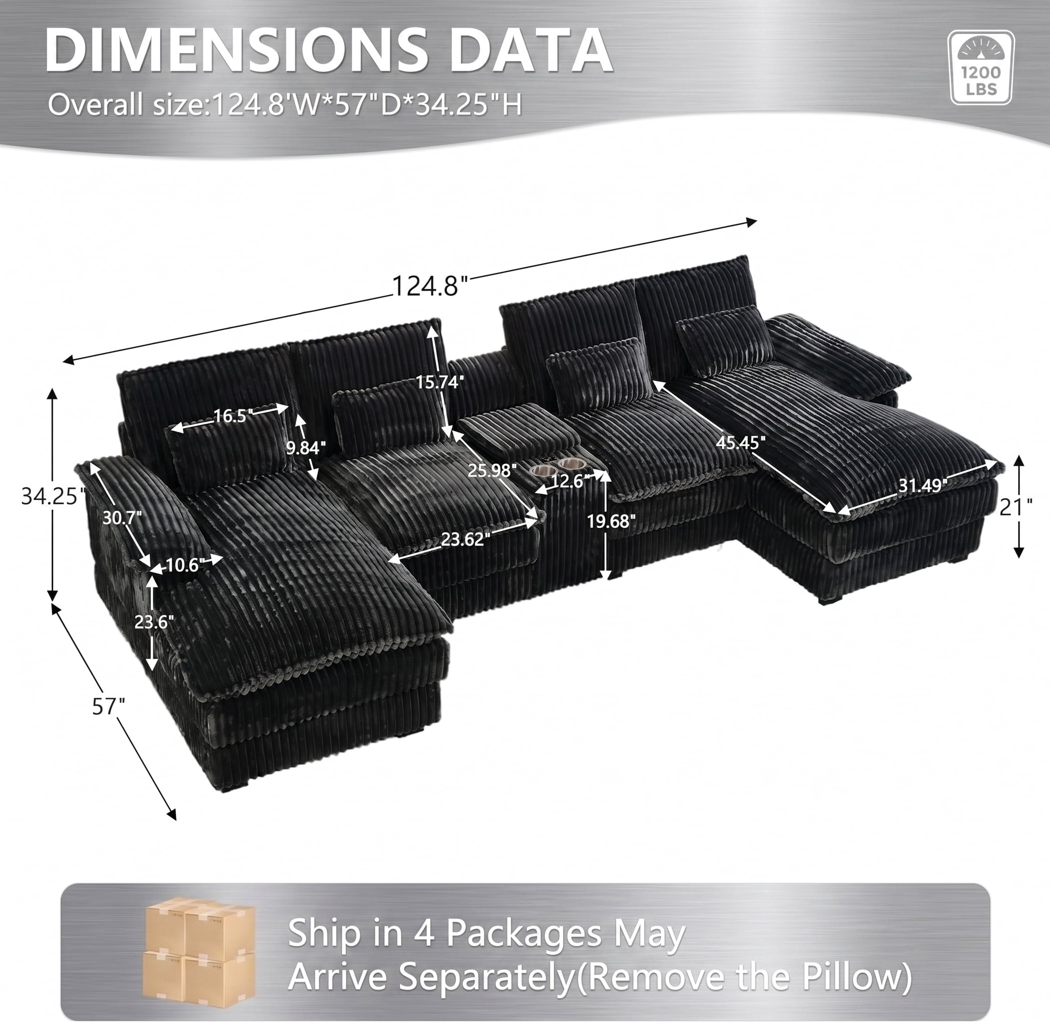 ANPPORT Luxury 124" U Shaped Cloud Modular Sectional Sofa, Corduroy Deep Seat Couch with Storage Console, USB Ports & Cup Holders for Living Room, Grey