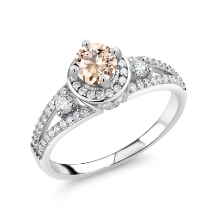 Gem Stone King 925 Sterling Silver Peach Morganite Engagement Ring for Women (1.34 Cttw Round 5MM Gemstone October Birthstone Size 8)