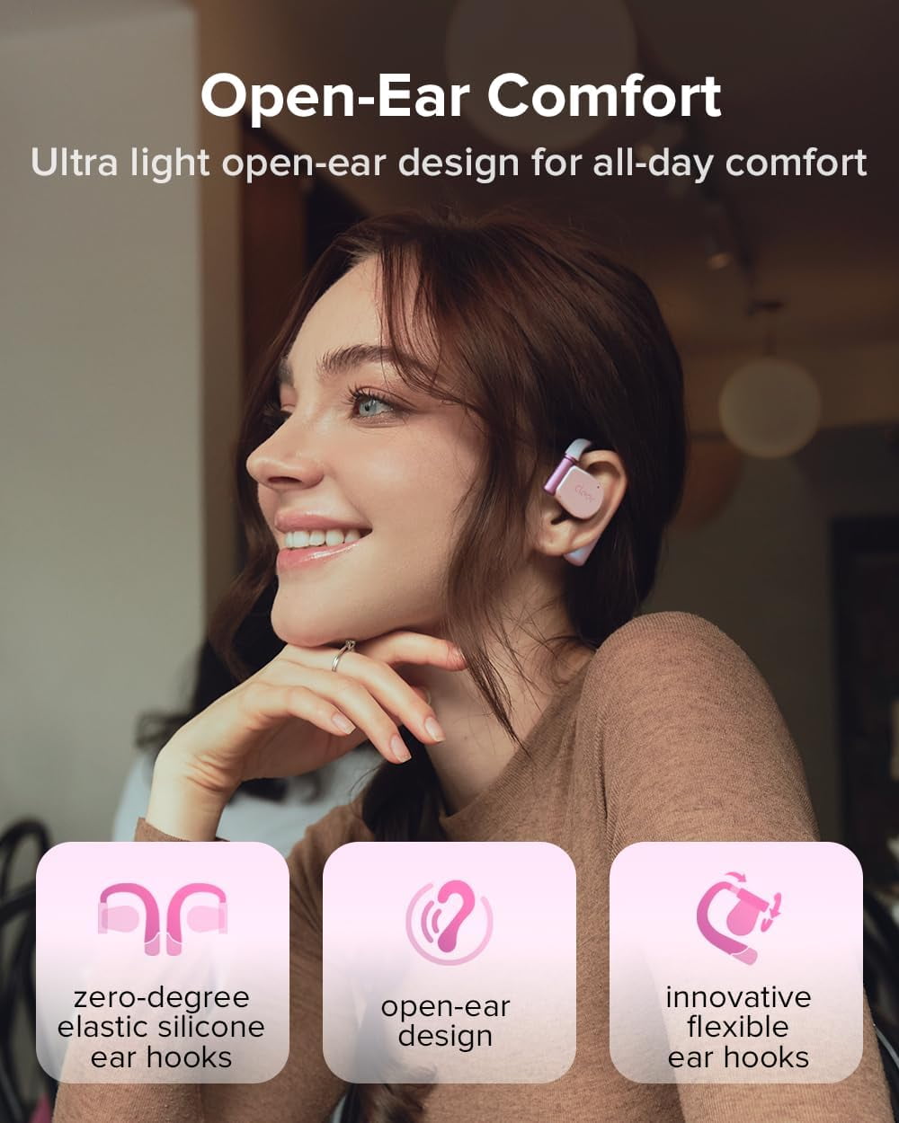 Cleer ARC3 Open Ear True Wireless Earbuds, IPX7 Water Resistant, Secure Earhooks, Built-in Microphone, Pink