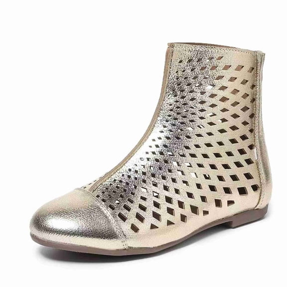 Women's Metallic Cutout Ankle Boots - Breathable Mesh Flat Booties with Side Zipper Round Toe Casual Summer Shoes