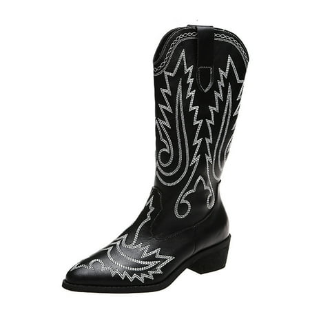 

Lyinloo Women Fashion Cowboy Boots High Tube Embroidered Rider But Knee Boots Thick Heel Boots Black 40