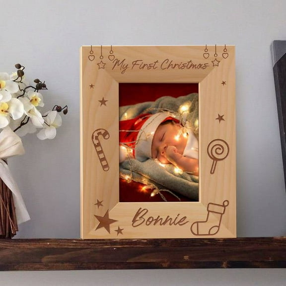 My First Christmas Personalized Wooden Picture Frame 3 1/2" x 5" Brown (Vertical)