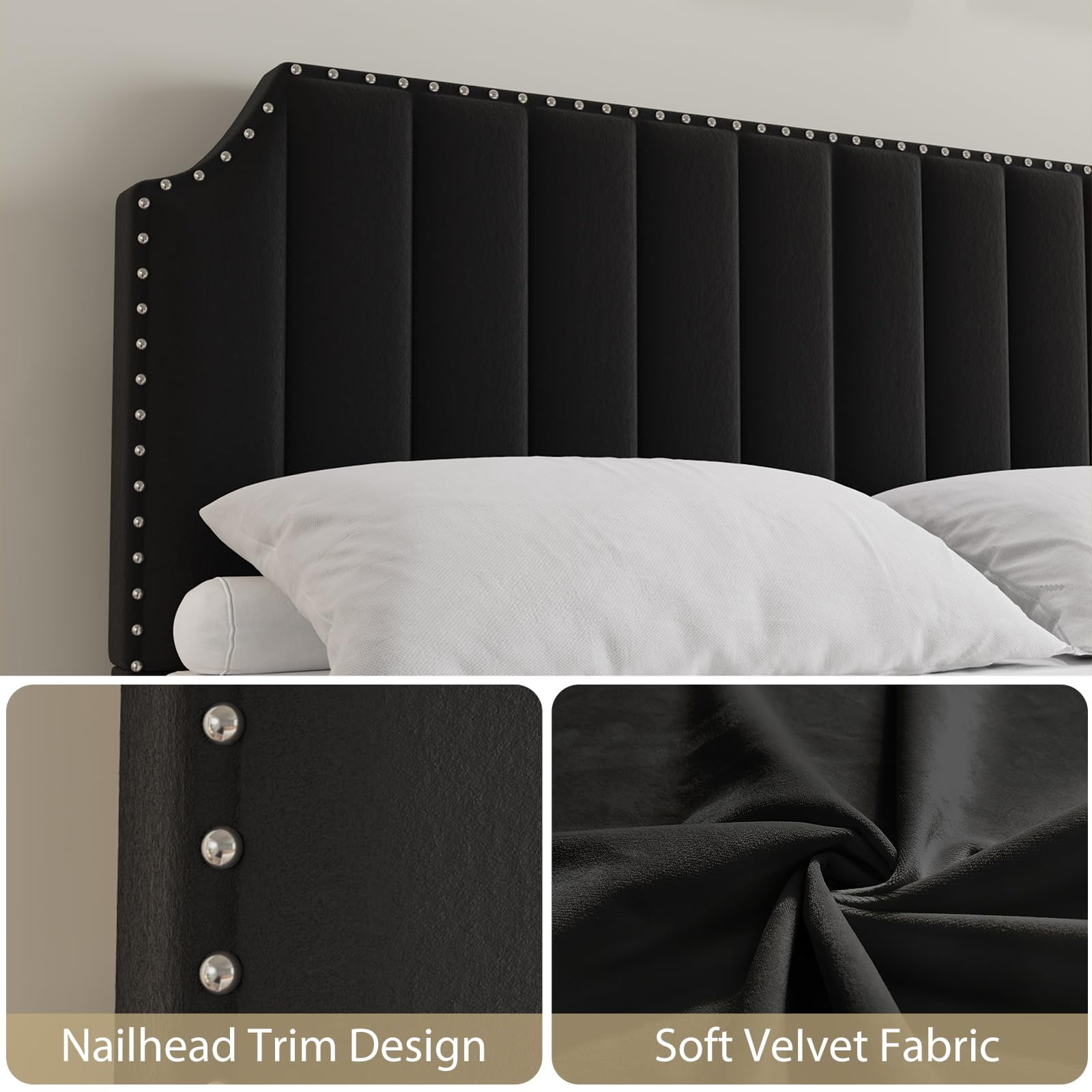 King/Queen Size Bed Frame, Upholstered Platform Bed with Tall Headboard, Velvet Vertical Channel Tufting & Nailhead Trim, No Box Spring Needed, Easy Assembly