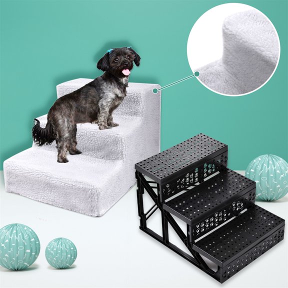 Pefilos 11.7 Inch Dog Stairs and Steps for Small Dogs Cats,Non-Slip 3 Tiers Plastic Dog Ramp/Ladder, Best for Small Animals,Doggy,Kitty, White