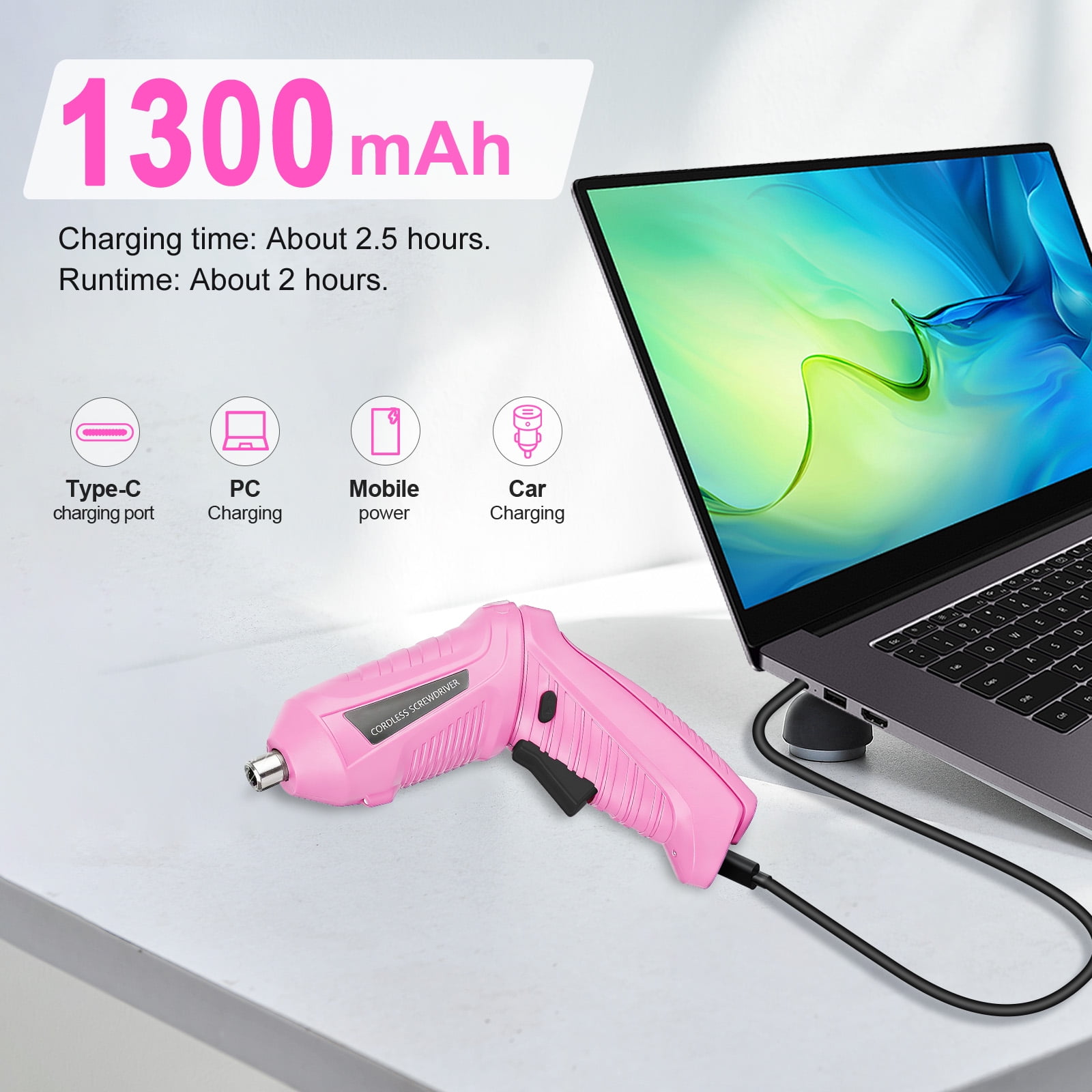 Electric Screwdriver Set, Handheld cordless drill Rechargeable Tool, Rotatable 90 Degrees Cordless Electric Screwdriver Set with Rechargeable Battery and LED Light for Home DIY, Pink