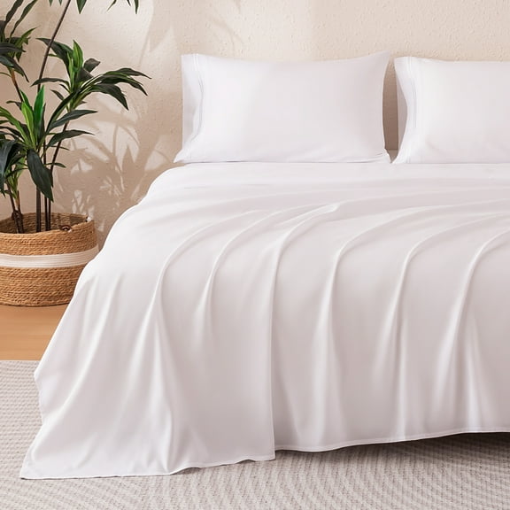 Sonive Hotel Collection Minimalist Bedding Set Queen Size White, 4 Pcs Lightweight Breathable Embroidered Sheets and Pillowcases All-Season