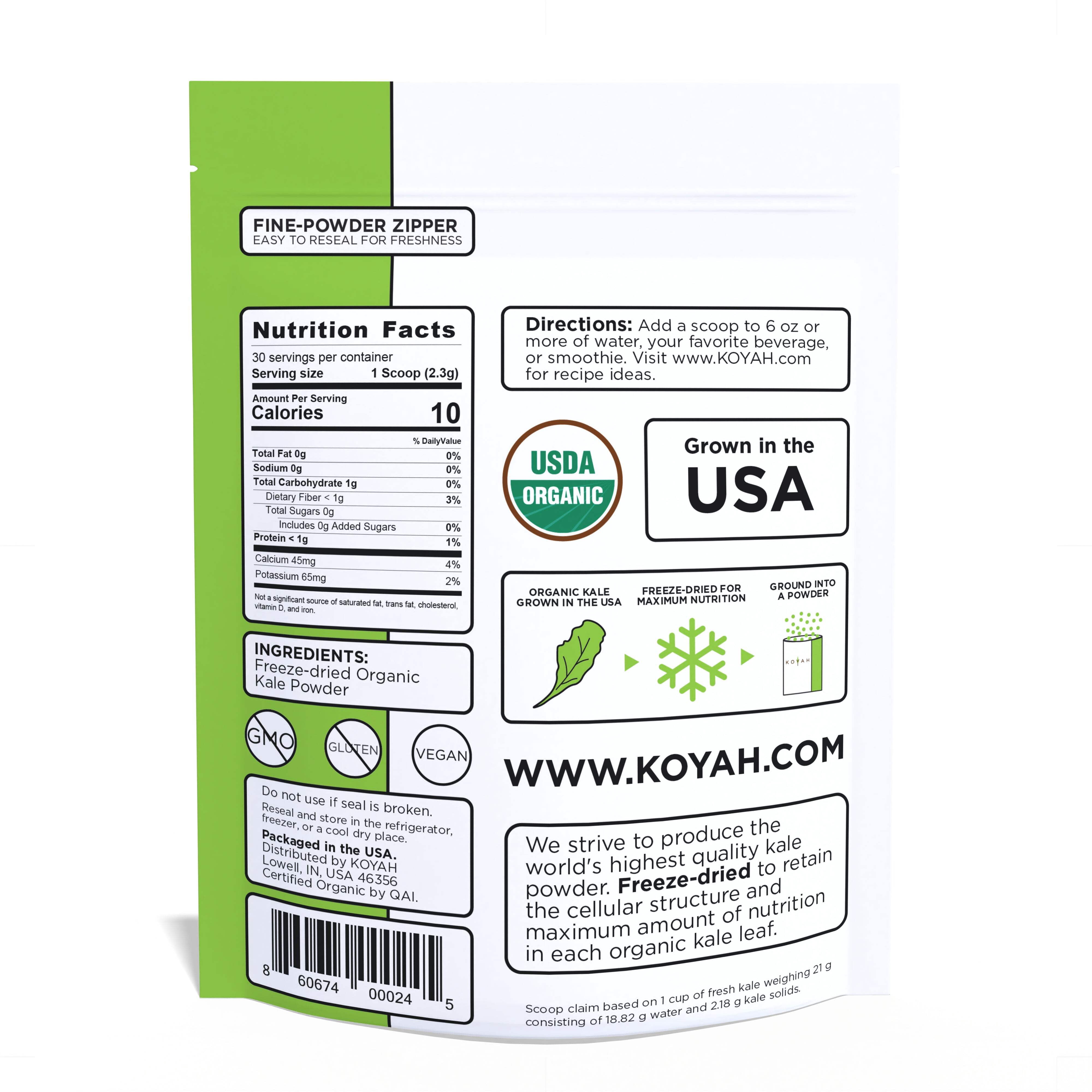 KALE Organic USA Grown Kale Powder (Equivalent to 30 Cups Fresh): Freeze-dried, Whole-Leaf Powder
