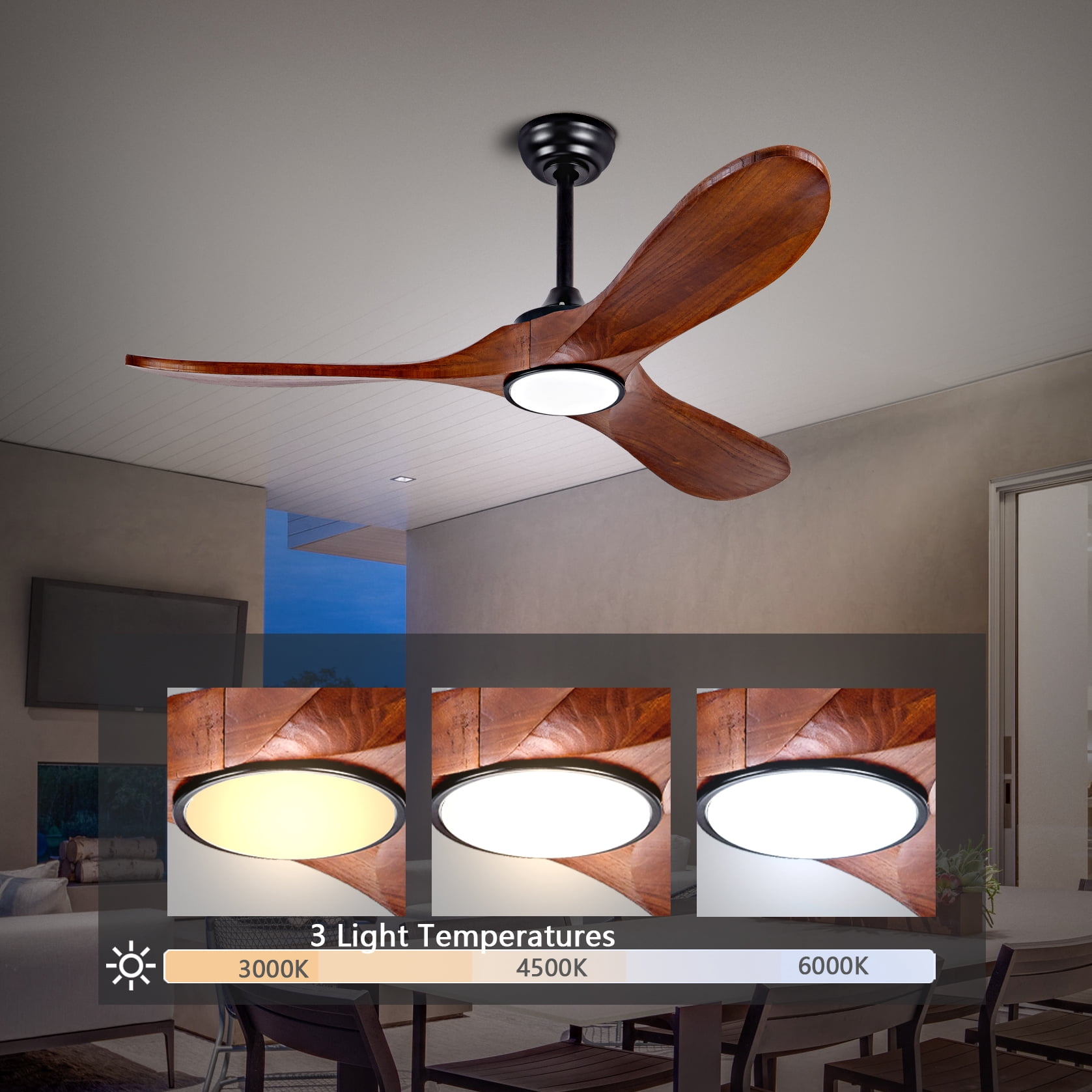 Mintazer 52 in Ceiling Fan with Remote, Modern Ceiling Fan with 6 Speed & 3 Blade for Farmhouse Bedroom Living Room Gazebo Patio, Brown