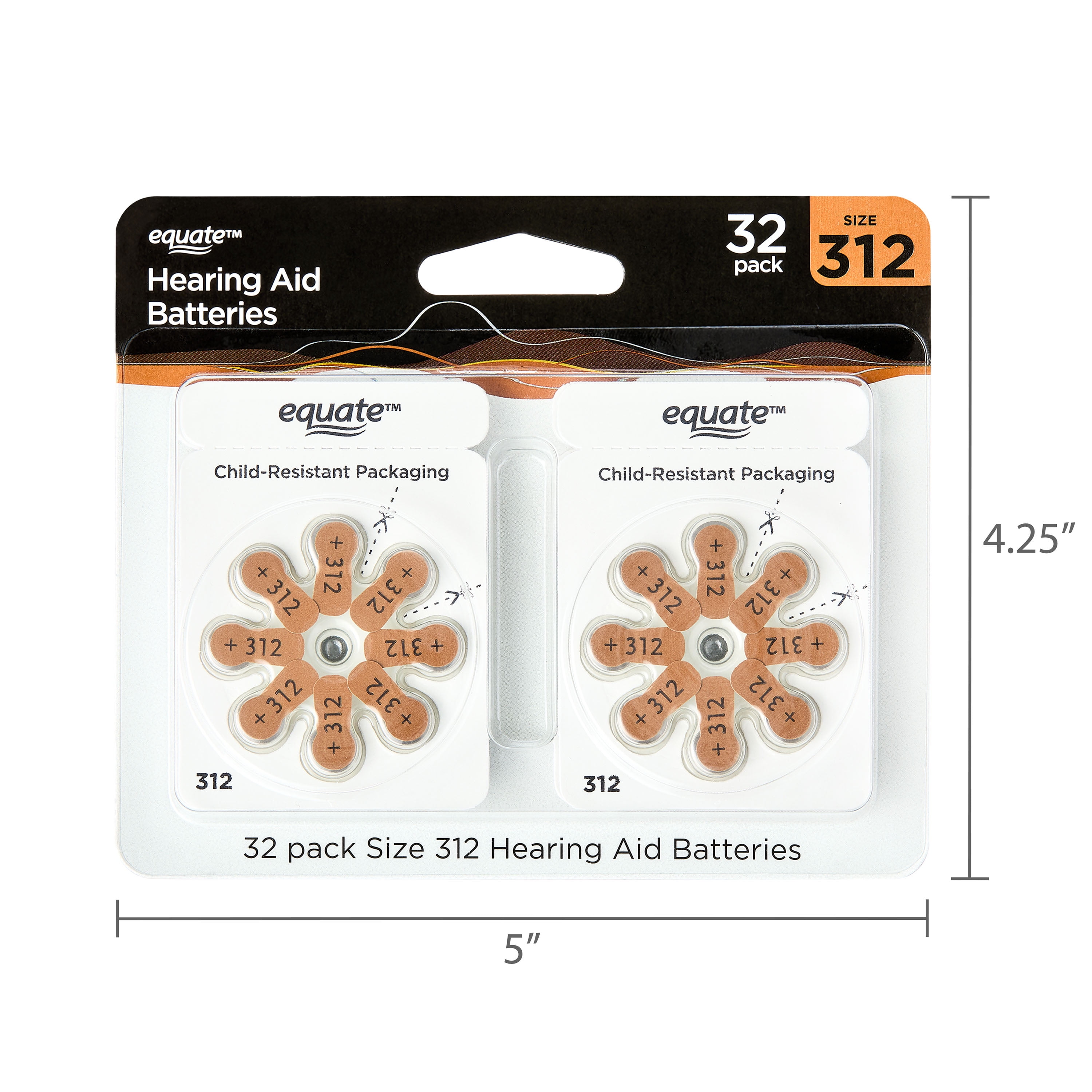 (5 pack) Equate Hearing Aid Batteries, Size 312, 32 Pack