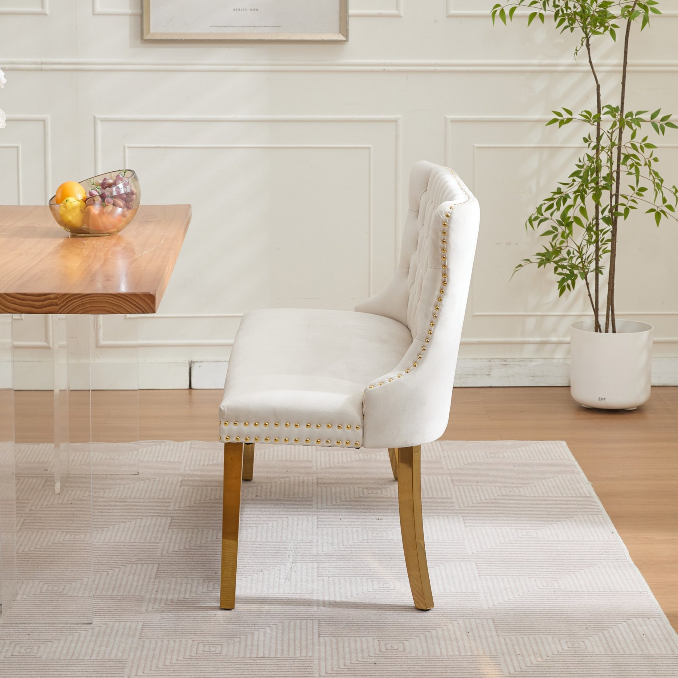 Noble House 2-Seat Velvet Dining Bench, Tufted Wingback Upholstery, Steel Legs, Beige + Gold
