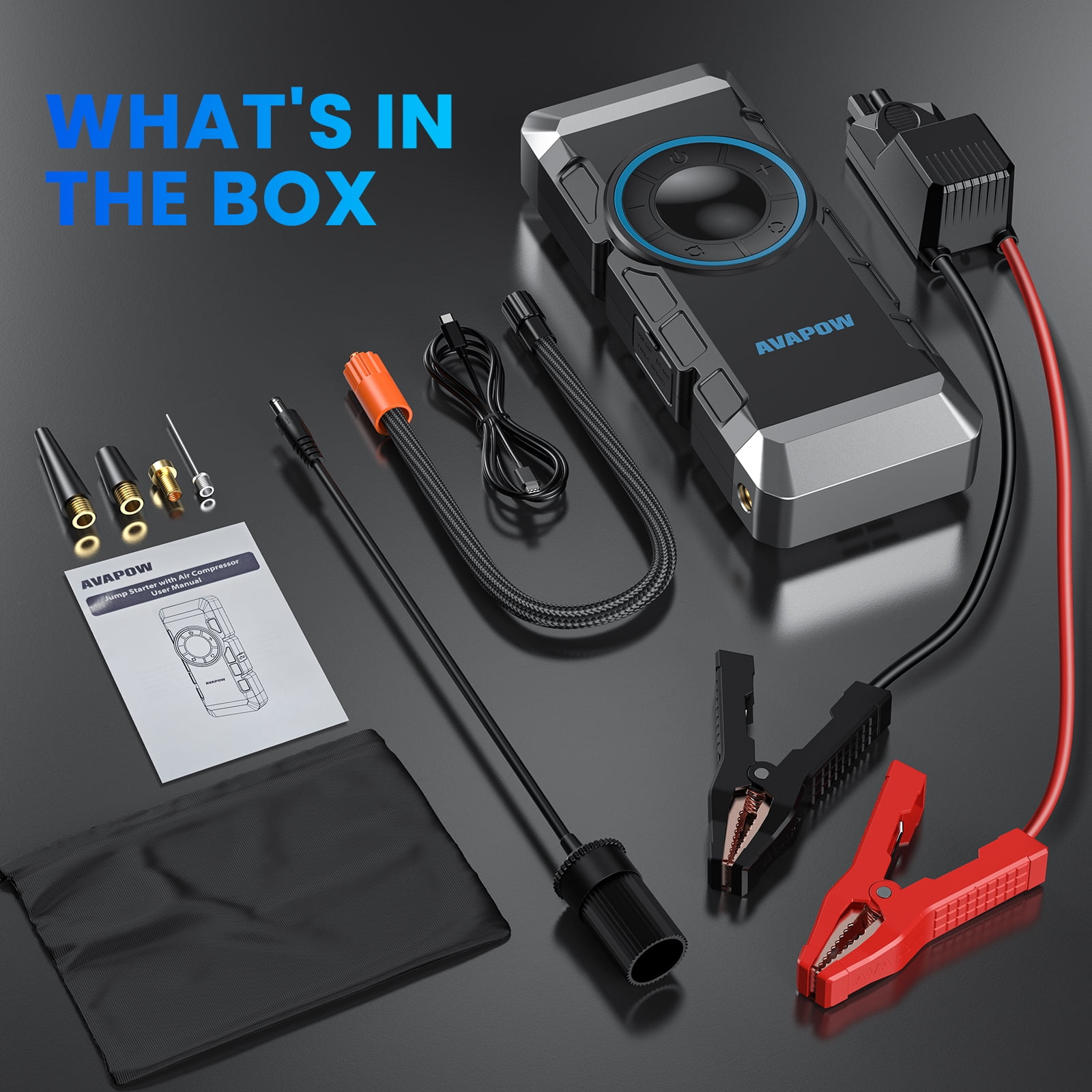 AVAPOW 4000A Jump Starter with Air Compressor, 150 PSI Tire Inflator, Car Battery Booster for 10.0L Gas & 8.0L Diesel, 12V Portable Emergency Tool with LED Light