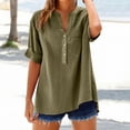 thumbnail image 3 of V-Neck T-Shirts for Women Plus Size Front Button-up 3/4 Sleeve Summer Tops Casual Loose 3 Quarter Length Sleeve Blouses Shirts with Chest Pockets New B-Green-a S, 3 of 7