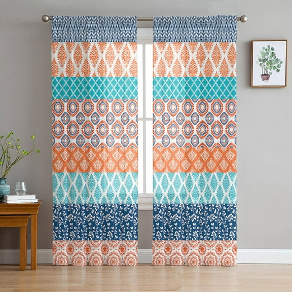 Teal Orange Striped Sheer Curtains 63 Inches Length 2 Panels Set, Window Sheer Curtains for Living Room/Bedroom, Boho Modern Geometric Abstract Art Light Filtering Rod Pocket Curtain 52'' x 63'' x 2