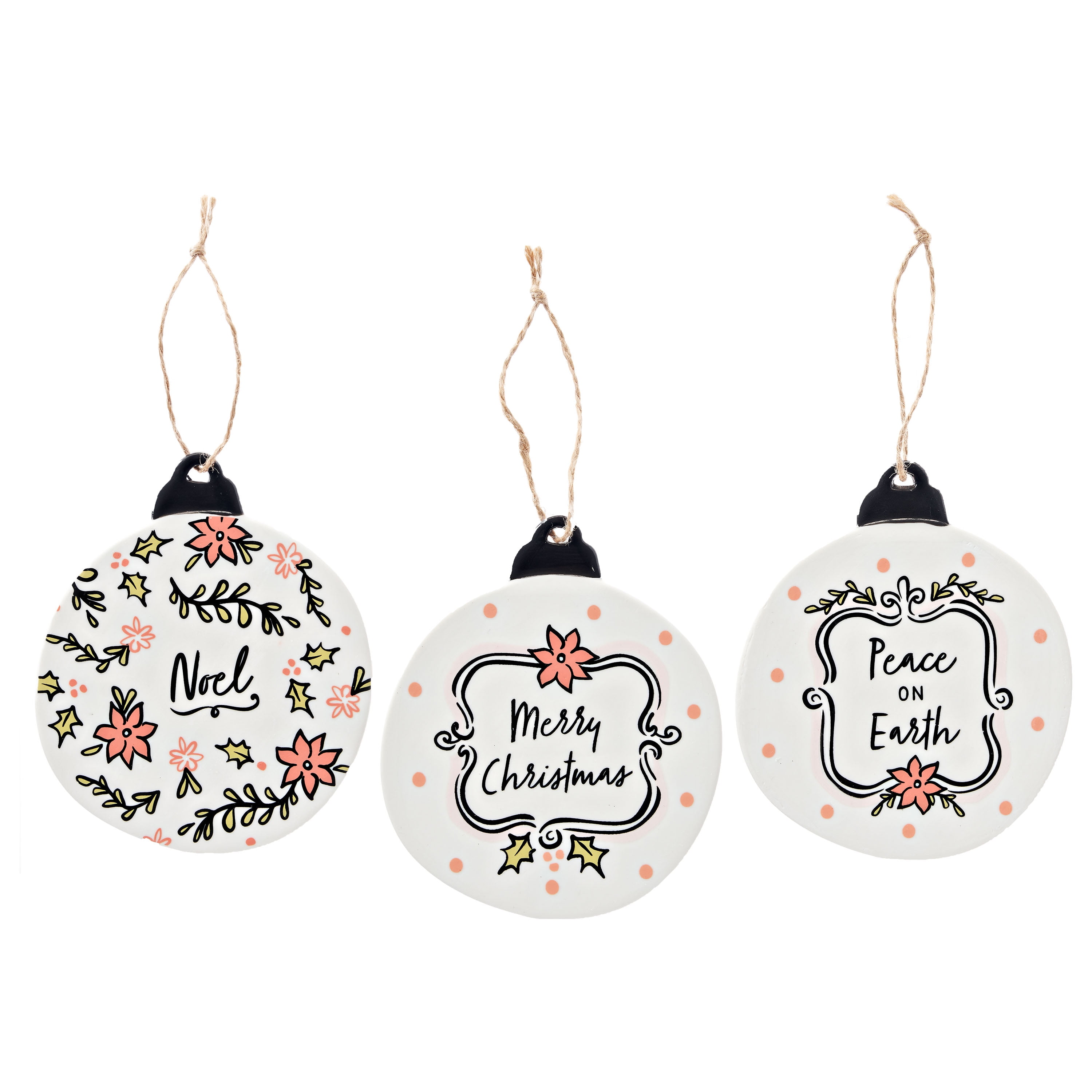 Holiday Time Jumbo Stoneware Christmas Tree Ornaments, 6", Set of 3
