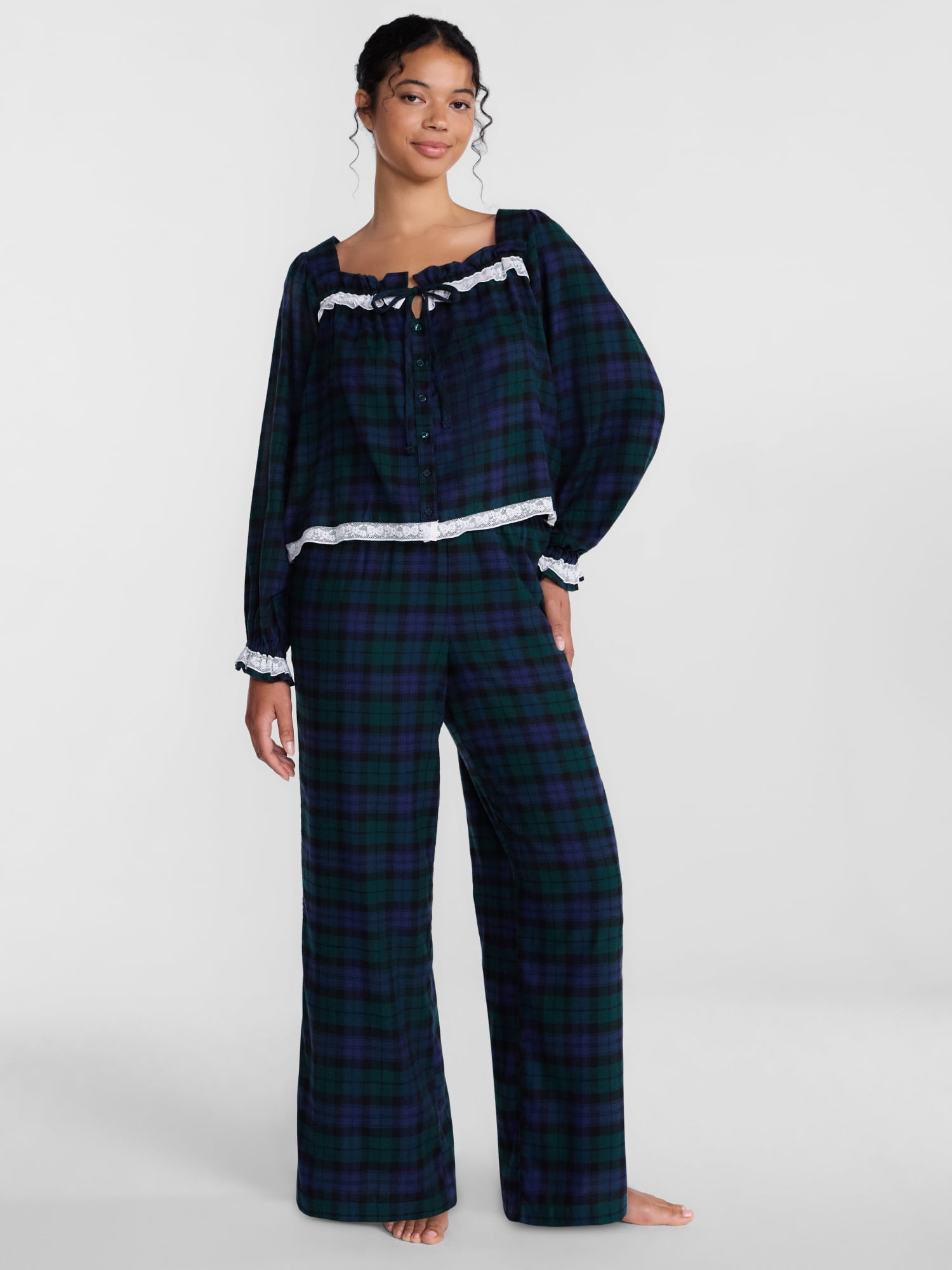 Joyspun Women's Flannel Peasant Long Sleeve Sleep Top, Sizes XS to 2X