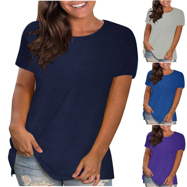 Eiyaclvo T-Shirt pour Femmes Grande Taille Coupe Ample Manches Courtes Hauts d'Été Col Rond Uni T-Shirts Basiques Décontractés pour Sorties