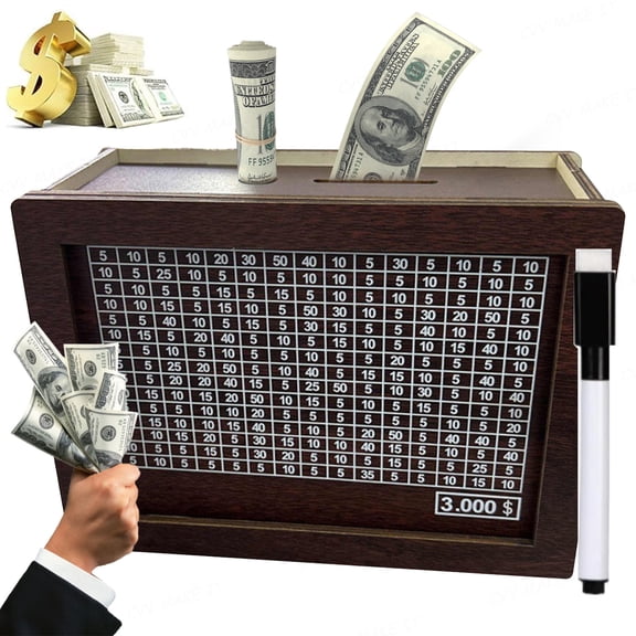 Savings Challenge Wooden Money Box with Lock Large Capacity Coin & Cash Organizer Transparent Front Reusable Savings Tracker Decorative Wooden Cash Bank for Kids & Adults,Euro-3000