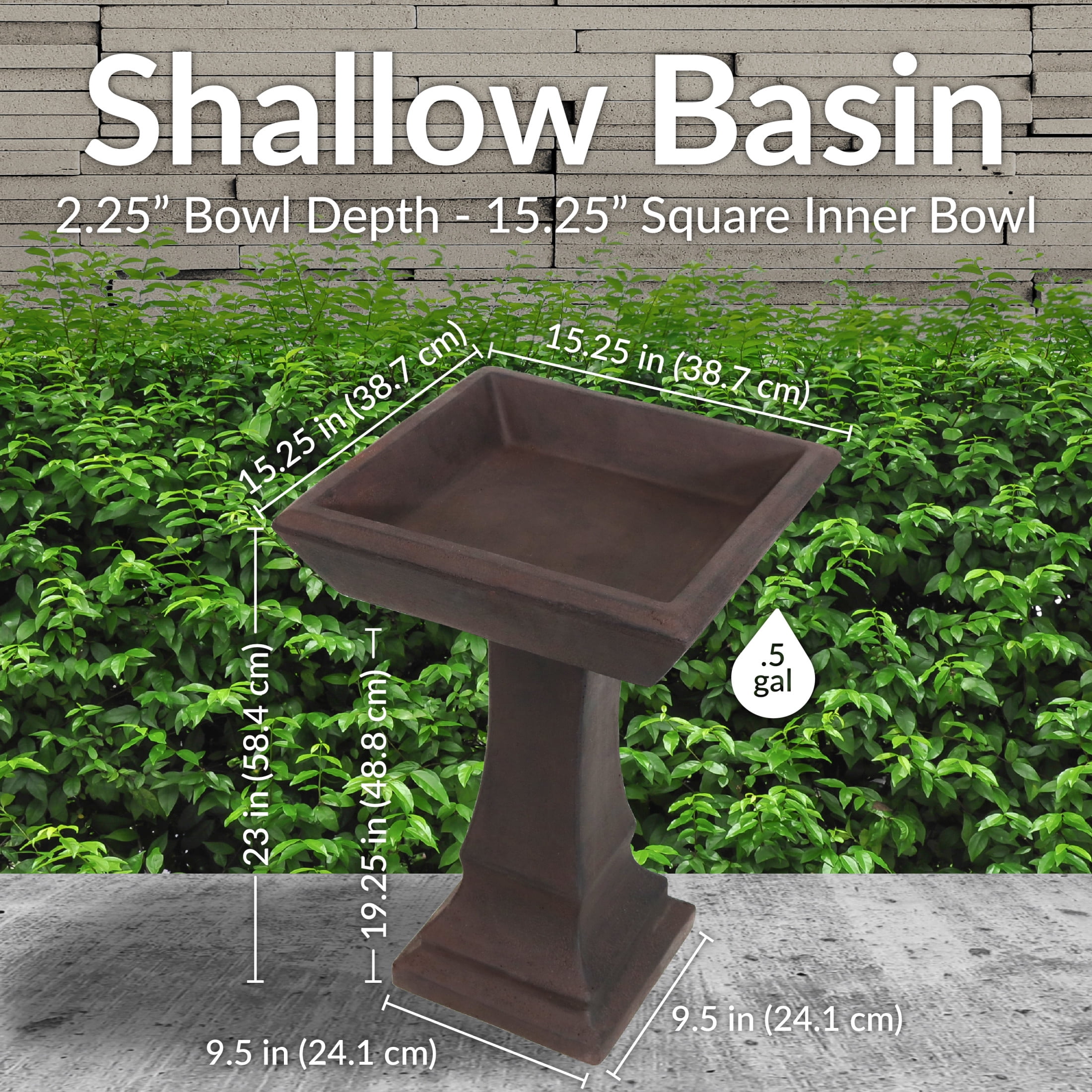 Sunnydaze Simply Square Freestanding Glass Fiber Reinforced Concrete Outdoor Bird Bath, Brown