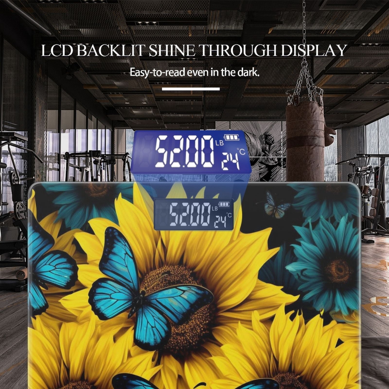 Bathroom Scale, Highly Accurate Digital Body Scale,Precisely Measures Weight up to 400 lbs-Sunflowers With Blue Butterflies Featuring Yellow And Dark Blue Colors