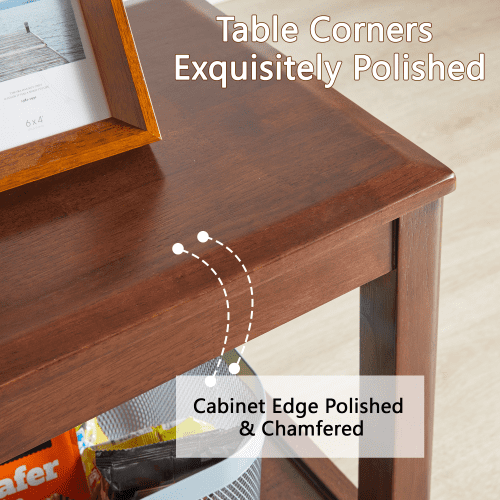 Solid Wood Rustic Side Table, 2-Tier End Table with Shelf, Rubberwood Sofa Table for Living Room, Walnut