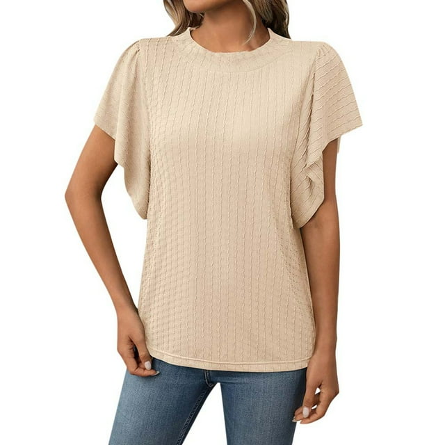 Gtoiithly T-Shirts pour Femmes Grande Taille Hauts pour Femmes Grande Taille Chic Décontracté T-Shirt Texturé à Col Rond à Manches Volantées pour Tenue Décontractée Beige TG