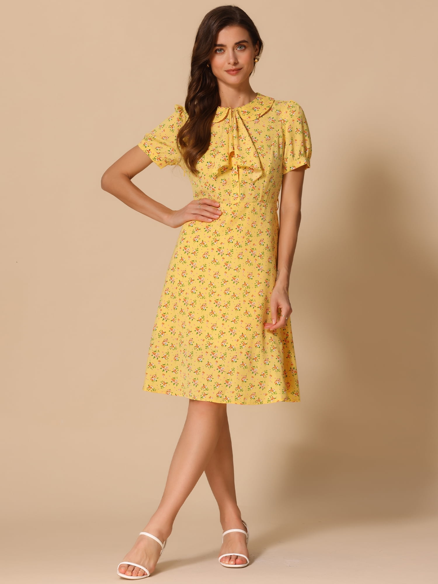 DARING DIVA Women's Tie Neck Short Sleeves A-Line Belted Floral Dress M Yellow