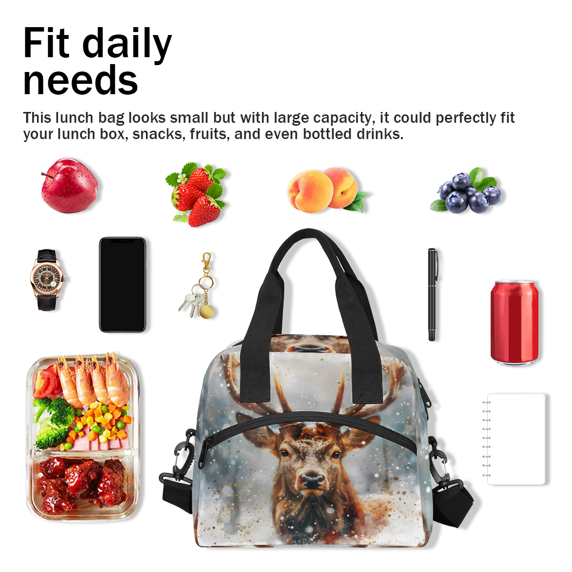 Herdesigns Deer Moose Insulated Lunch Bag for Women Men Adults Large Reusable Lunch Box Leakproof Portable Cooler Tote Bags with Adjustable Shoulder Strap