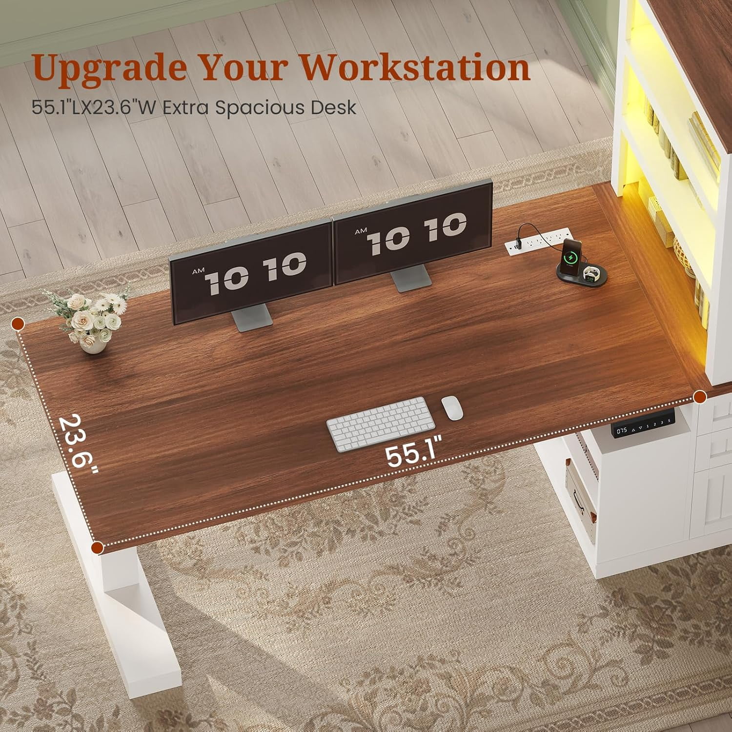 Farmhouse Standing Desk Adjustable Height with 3-Tier Bookcase, 70" Executive Electric Office Desk with Power Outlets and Led Light, Sit Stand Computer Desk with Storage Shelves, File Drawers, White
