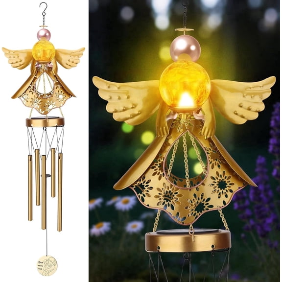 JYPS Angel Solar Wind Chimes, 40-Inch Large Waterproof Windchimes for Outside with Glowing Crackle Glass Ball, Garden Patio Yard Decor Birthday Unique Gifts for Women Mom Grandma Wife