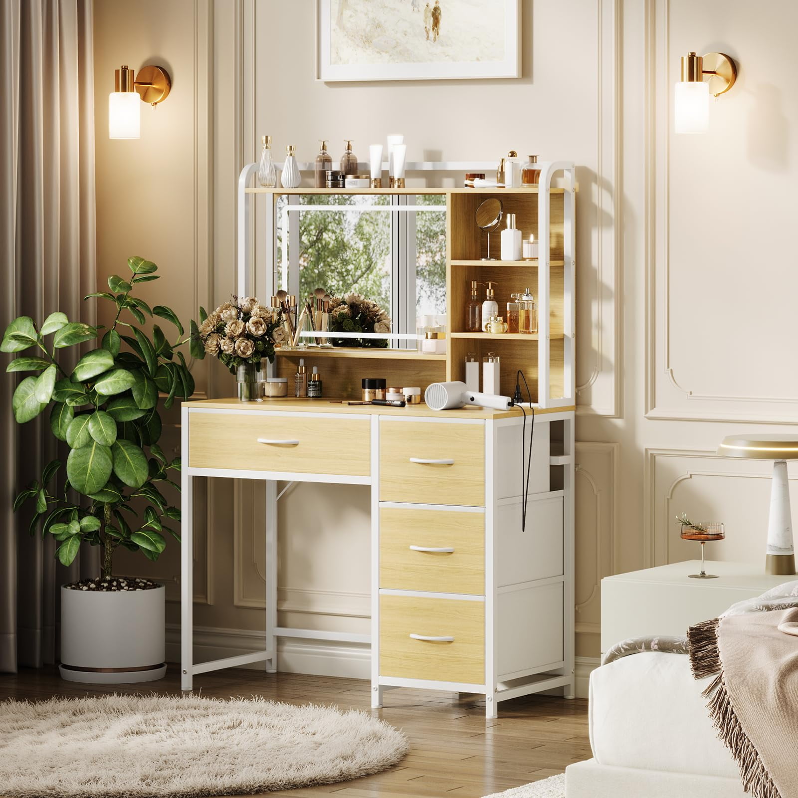 Kicctian Modern Makeup Vanity Set with Mirror - Dressing Table Featuring 4 Fabric Drawers & Shelves, Bedroom Furniture Gift for Women,Wood Color