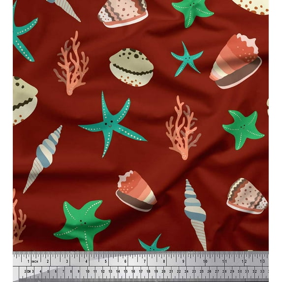 Soimoi Red Cotton Cambric Fabric Starfish & Sea Horns Ocean Print Fabric by the Yard 42 Inch Wide