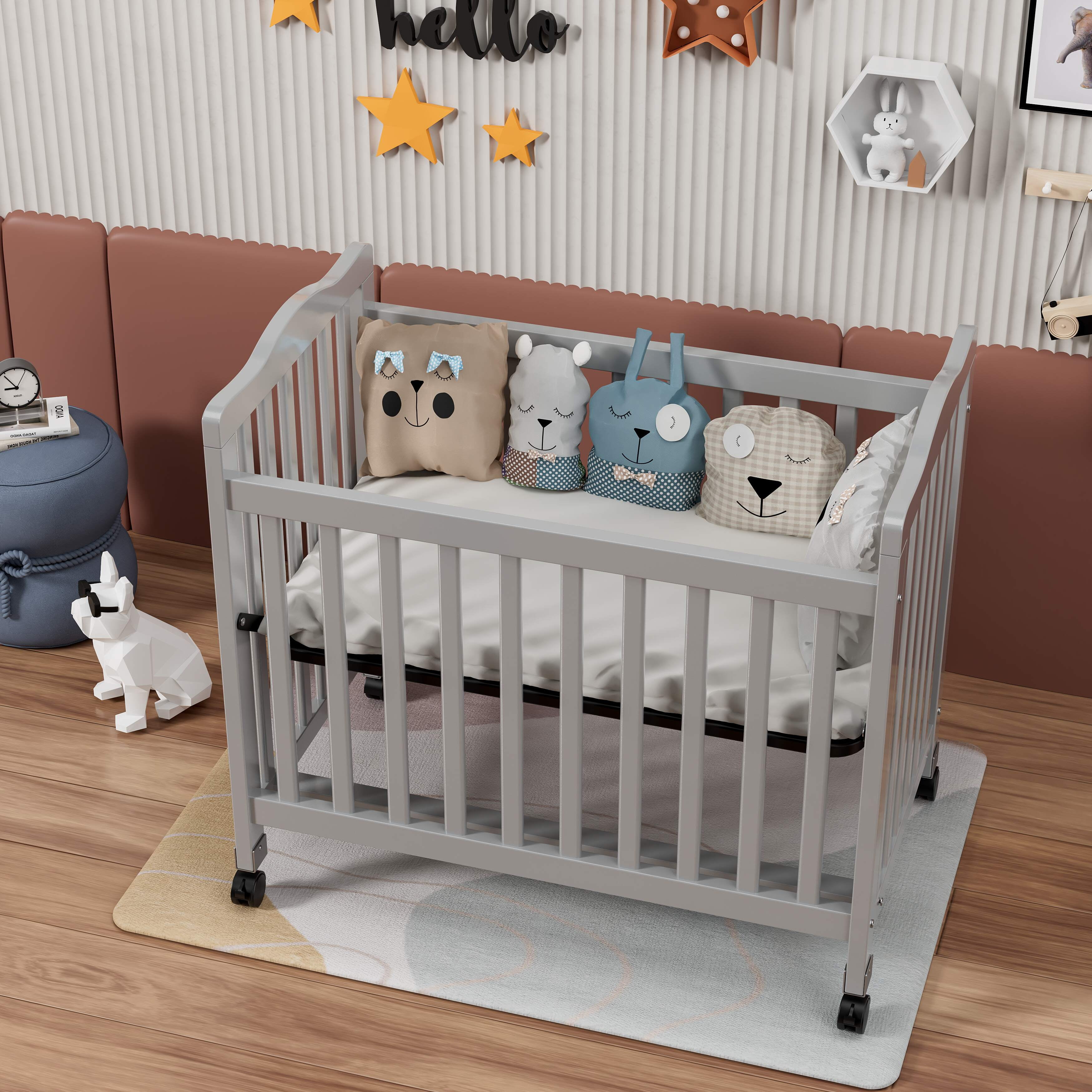 Fizzy Baby Mini Crib, Small Crib with 3-Position Mattress Board, Gray