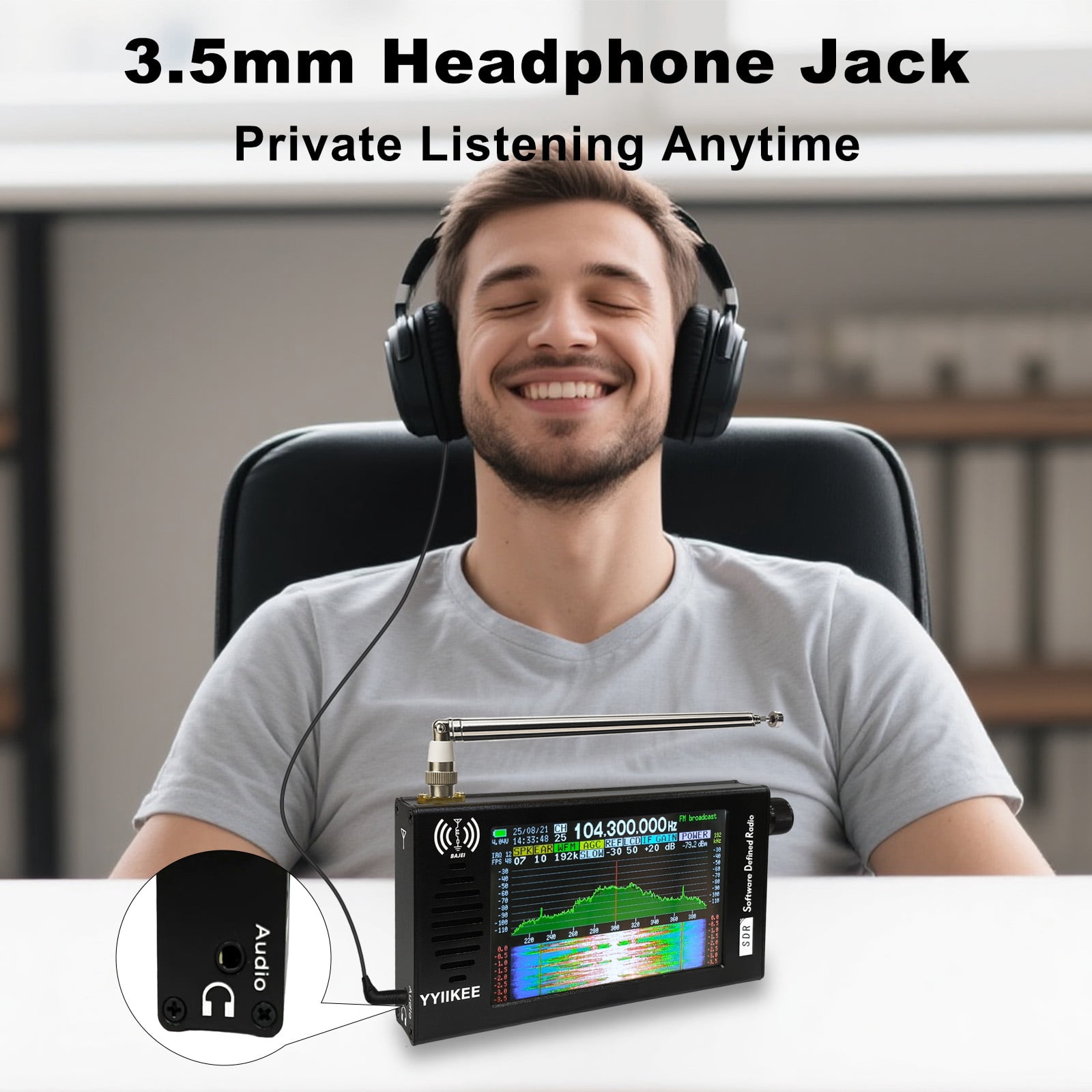 Portable SDR DSP Radio Receiver with 4.3" Touchscreen 100KHz–149MHz Full Band SSB/AM/FM/CW 192kHz Spectrum Waterfall Display Rechargeable 5000mAh Battery Aluminum Alloy Case