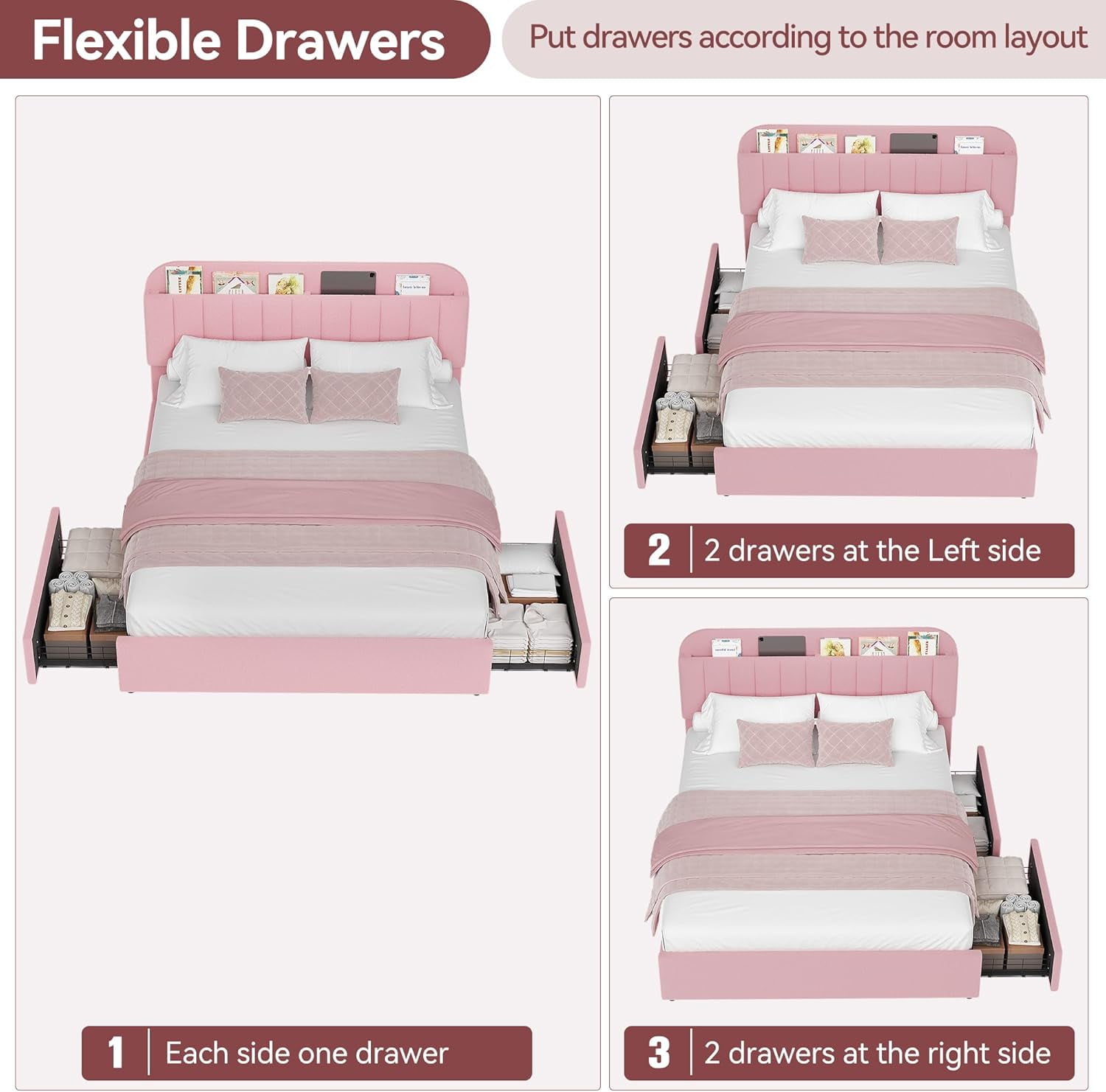 Queen Size Bed Frame with Storage Drawers & Bookcase Headboard, Boucle Platform Bed, Noise-Free, No Box Spring Needed, Pink