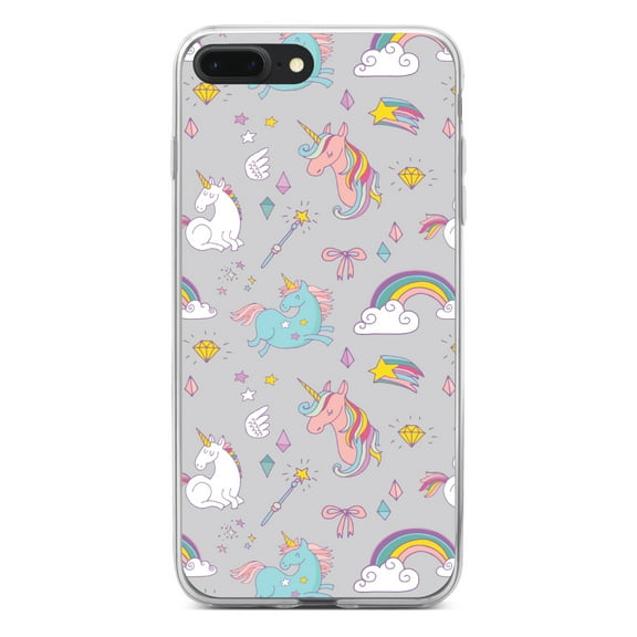 DistinctInk Clear Shockproof Hybrid Case for iPhone 7 PLUS / 8 PLUS (5.5" Screen) - TPU Bumper, Acrylic Back, Tempered Glass Screen Protector - Unicorn Rainbow Wand Pattern - Grey