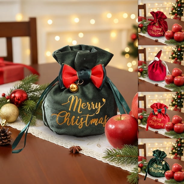 Bolsa De Tela Para Manzanas Bolsa navideña de terciopelo con cordón ajustable, 15 x 12 x 12 cm, ideal para regalos navideños (1 unidad) Rkxzt