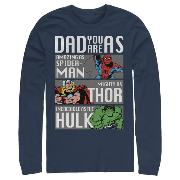 Men's Marvel Dad You Are as Amazing as Spider-Man Mighty as Thor Incredible as the Hulk Long Sleeve Shirt Navy Blue 2X Large