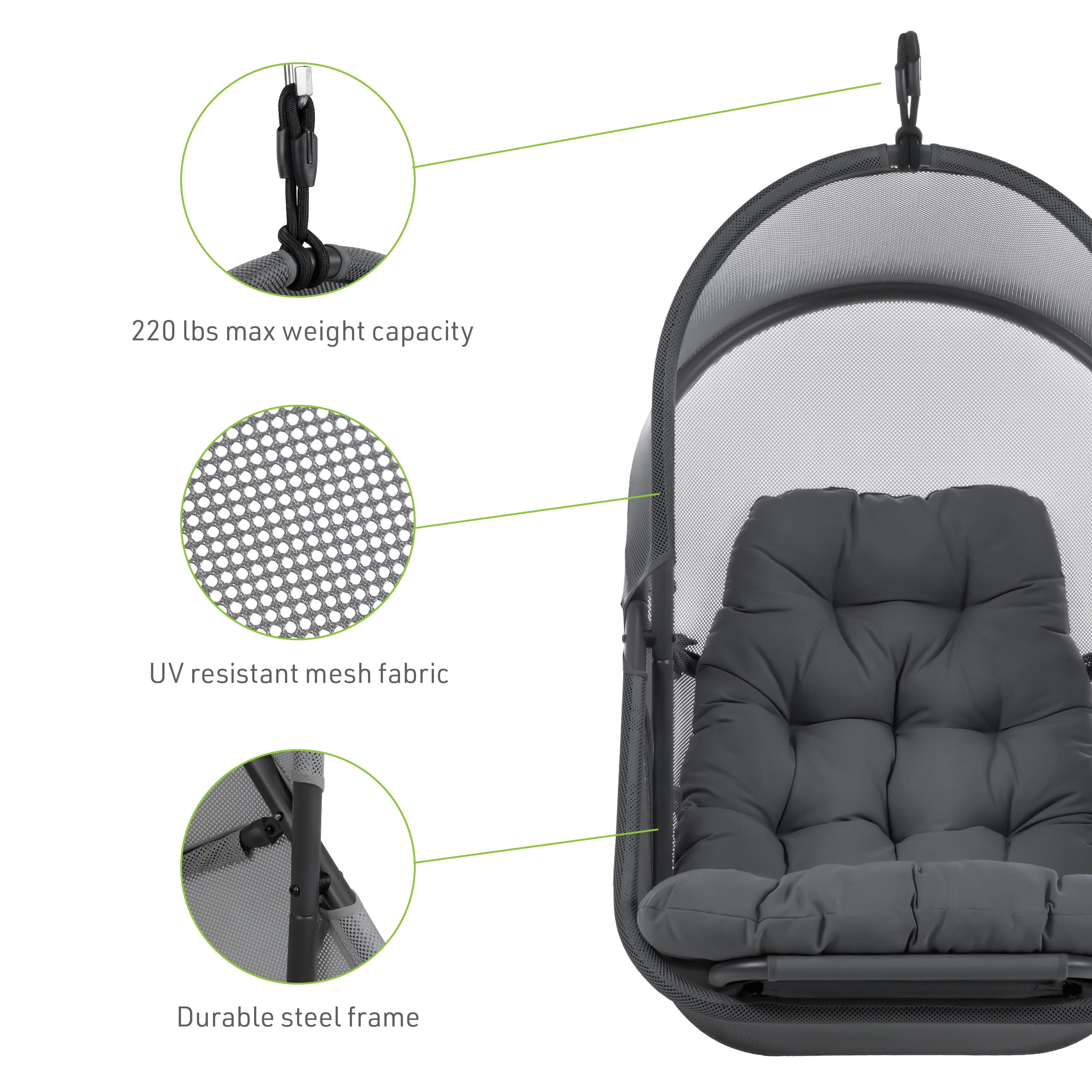 Furniture of America Drift UV-Resistant Patio Foldable Porch Swing Chair with Cushion, Dark Gray