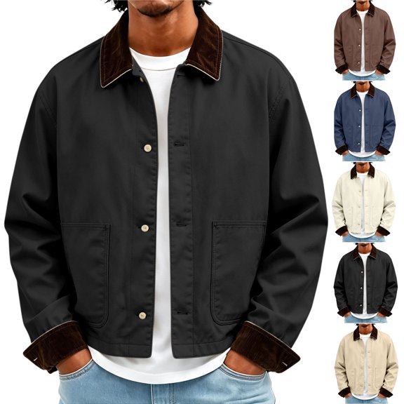 MexChoioe Mens Fall Casual Cropped Work Jacket Contrast Corduroy Collar Button Front Side Pockets Daily Coat for Mens