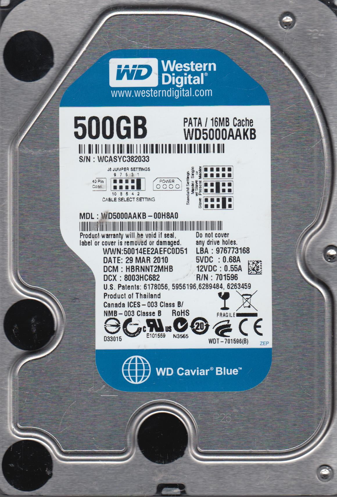 WD5000AAKB-00H8A0, DCM HBRNNT2MHB, Western Digital 500GB IDE 3.5 Hard ...