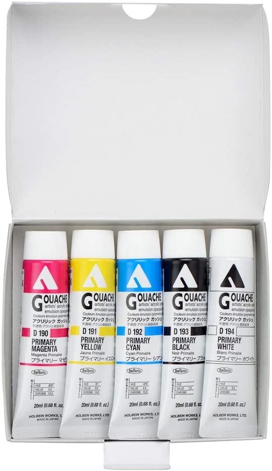 Holbein Acrylic Gouache - Set of 5, Primary Colors, 20 ml Tubes