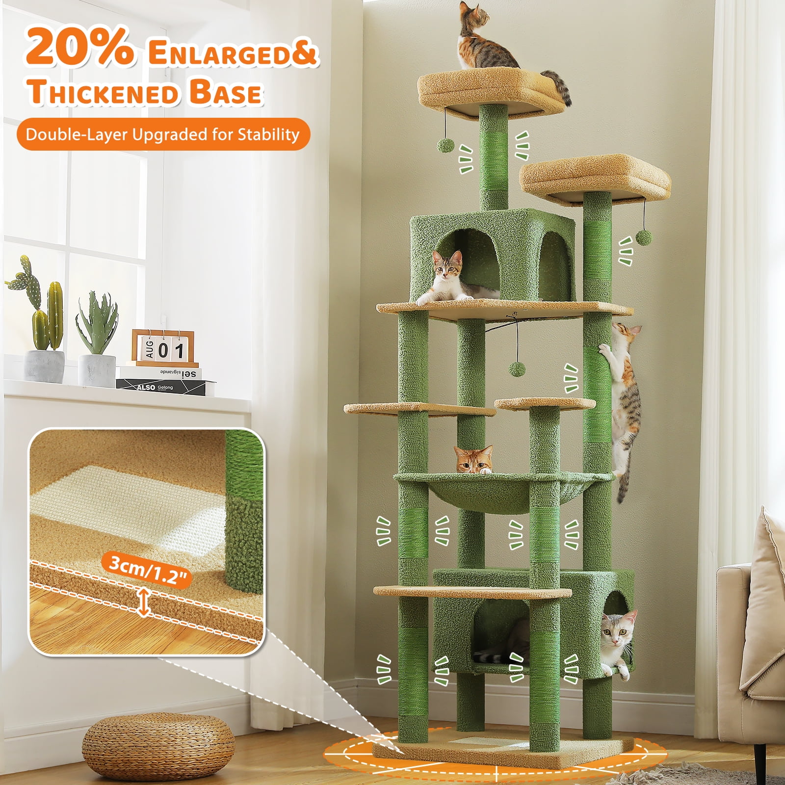 Pefilos 81" Tall Cat Tree for Large Cats, Heavy Duty Cat Tower with 2 Perches, 2 Condos and Spacious Hammock, Large Condo with 7 Scratching Posts, Green