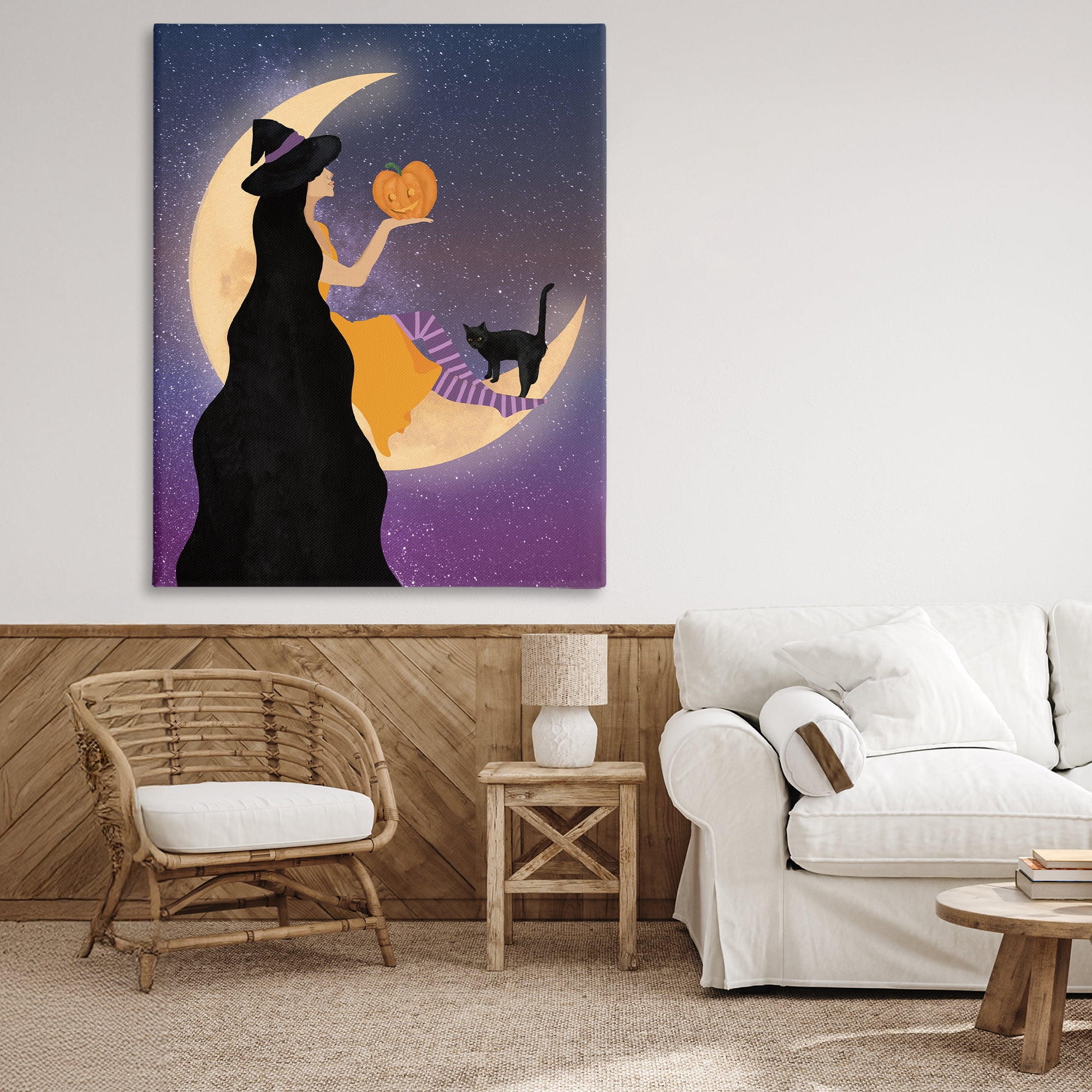 Stupell Industries Moonlit Witch Holding Jack-o-Lantern Canvas Wall Art, design by Daniela Santiago