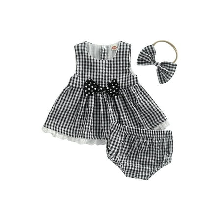 

One opening Newborn Girl 3Pcs Outfits Plaid Pattern Sleeveless Dress Style Tops Elastic Waist Shorts Hairband