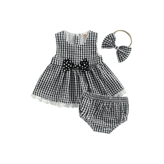 Newborn Girl 3Pcs Outfits, Plaid Sleeveless Round Neck Dress Style Tops + Elastic Waist Shorts Hairband