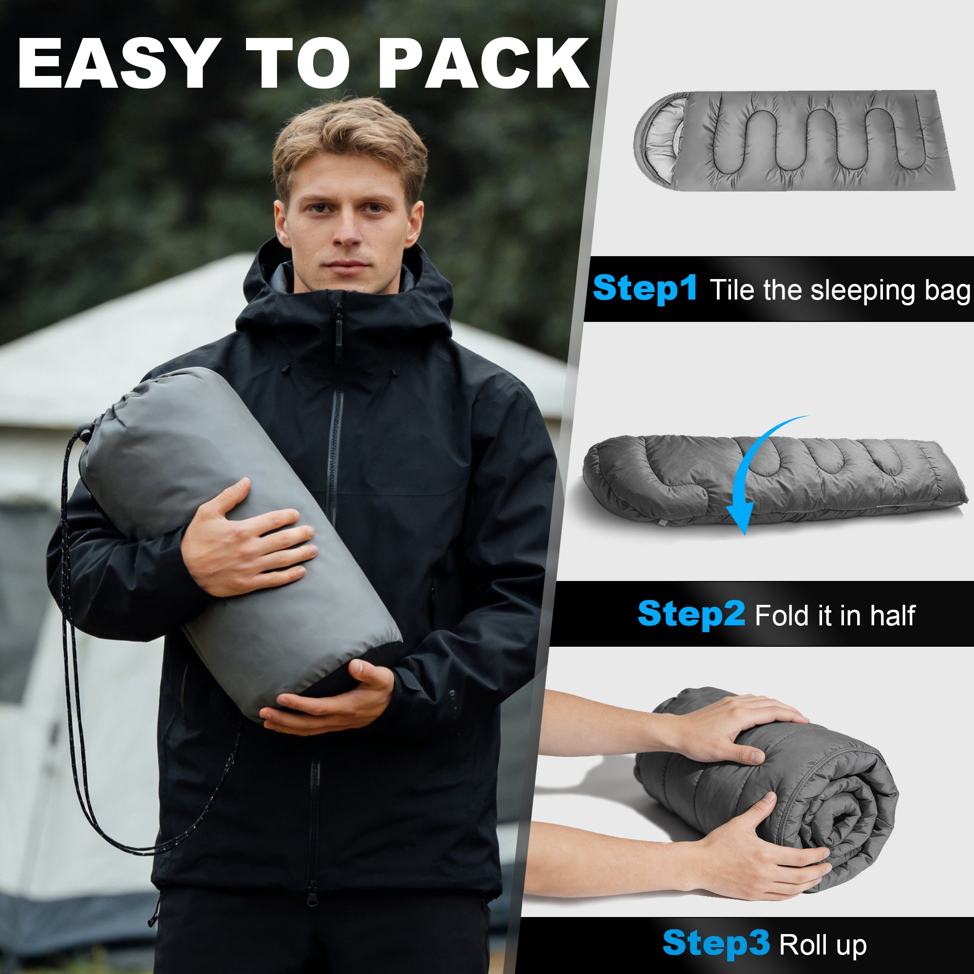 OHHANI Sleeping Bag for Adults Lightweight Backpacking, Comfort 40°F to 77°F, 87" x 30" Suitable for Camping, Hiking, Travel, Gray