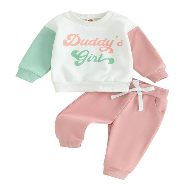 Baby Girls Fall Outfits Letter Print Contrast Color Long Sleeve Sweatshirts Long Pants 2Pcs Clothes Set 2-3 Years
