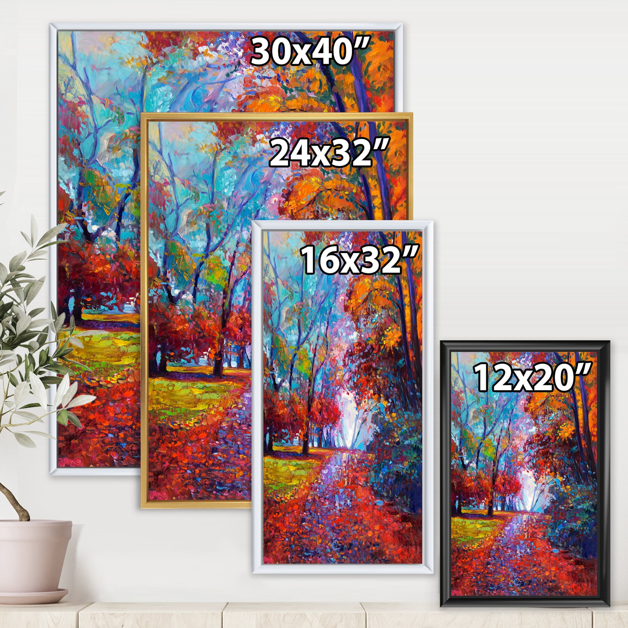 Red Autumn Landscape With Little Road 12 in x 20 in Framed Painting Canvas Art Print, by Designart