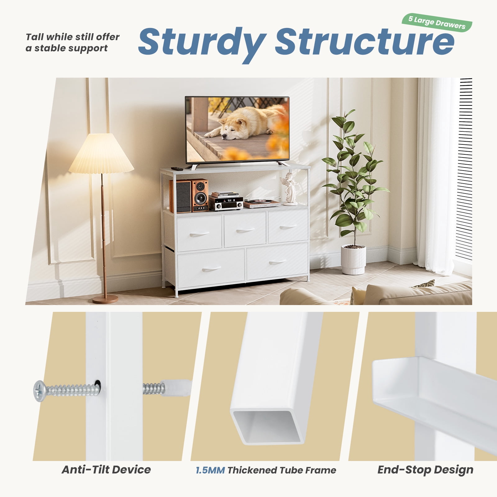 Tall Dresser Fabric Storage Tower with Wooden Top for Closet, White