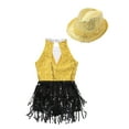 thumbnail image 4 of YONGHS Kids Girls Sequins Tassel Hem Dress Rumba Samba Salsa Cha Cha Latin Jazz Leotard with Hat Set Gold 12, 4 of 5